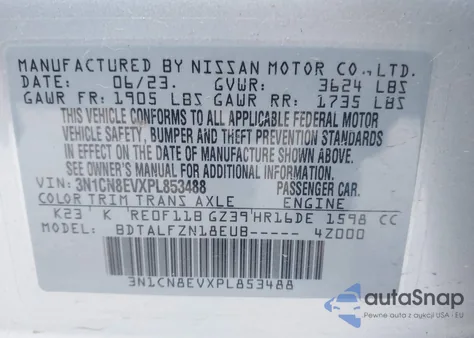 2023 Nissan Versa 1.6 Sv Xtronic Cvt from USA, damaged, VIN 3N1CN8EVXPL853488